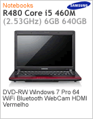 NP-R480-JD02BR - Notebook Samsung NP-R480 Intel Core i5-460M (2.53GHz) 6GB 640GB 14" LED DVD-RW Windows 7 Professional 64 Wi-Fi Bluetooth WebCam HDMI Vermelho NVIDIA