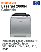 Q6455A - Impressora Color LaserJet HP 2600n 8ppm 600x600dpi 16MB A4 USB Rede