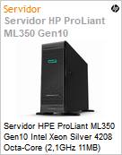 Servidor HPE ProLiant ML350 Gen10 Intel Xeon Silver 4208 Octa-Core (2,1GHz 11MB) 2x16GB 2x4TB HD (Figura somente ilustrativa, no representa o produto real)