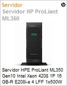 Servidor HPE ProLiant ML350 Gen10 Intel Xeon Silver 4208 Octa-Core 1P 16GB-R E208i-a 4 Baias LFF 1 x 500W RPS (Figura somente ilustrativa, no representa o produto real)