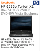 VV945LA - Notebook HP 6535b Turion X2 RM-74 (2.20GHz) 2GB 250GB 14.1