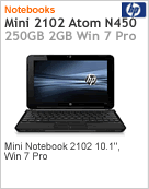 XV054LA - Netbook Mini HP 2102 Intel Atom N450 (1.66GHz) 2GB 250GB 10.1" Windows 7 Professional Wi-Fi